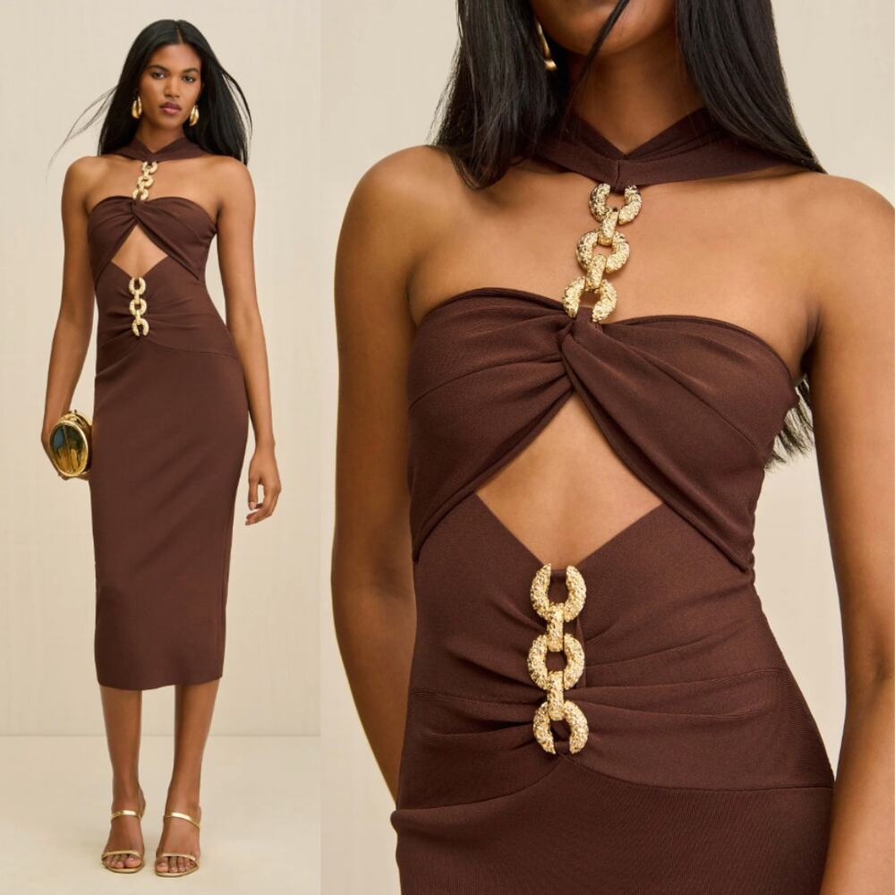 cult gaia Brown Chain-Accent Midi Dress